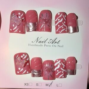 Pink Handmade Press-On Nails with Silver Accents